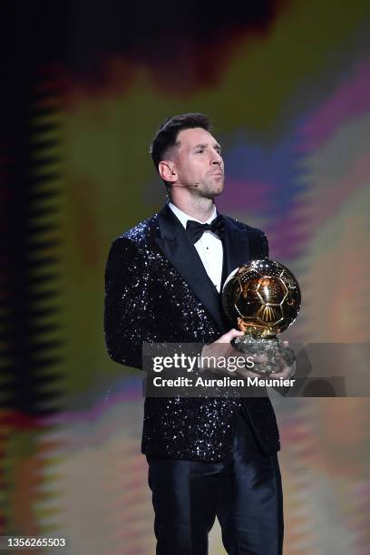 Lionel Messi is awarded with his seventh Ballon D'Or award during the Ballon D'Or Ceremony at Theatre du Chatelet on November 29, 2021 in Paris,...