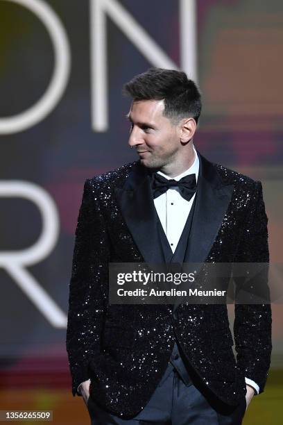 Lionel Messi is awarded with his seventh Ballon D'Or award during the Ballon D'Or Ceremony at Theatre du Chatelet on November 29, 2021 in Paris,...