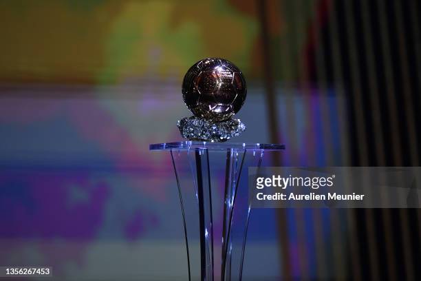 The Ballon d'Or Trophy presented during the The Ballon d'Or ceremony at Theatre du Chatelet on November 29, 2021 in Paris, France.