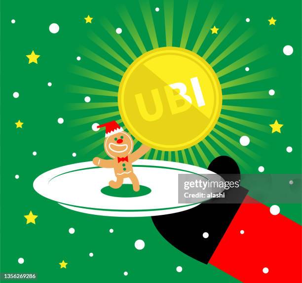 santa claus is serving a plate with a gingerbread man that is holding a universal basic income (ubi coin) - christmas gingerbread man stock illustrations