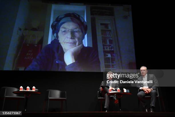 Emma Bonino, Ferruccio De Bortoli and Massimo Nava are seen on stage during Pomellato for CADMI on November 29, 2021 in Milan, Italy.