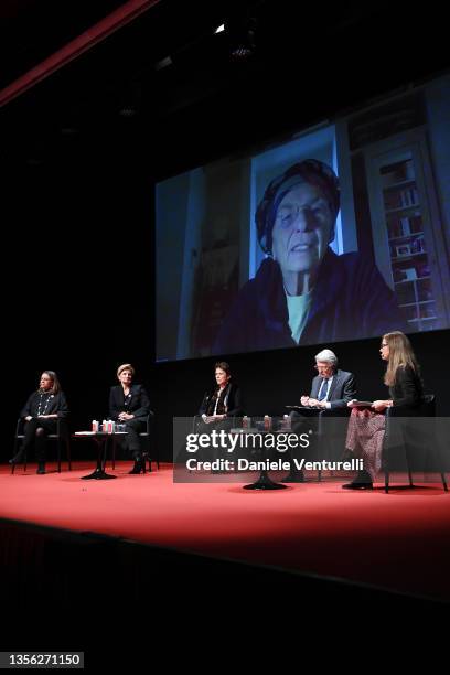 Emma Bonino, Anna Scavuzzo, Pomellato CEO Sabina Belli, Manuela Ulivi, Ferruccio De Bortoli and Danda Santini are seen on stage during Pomellato for...