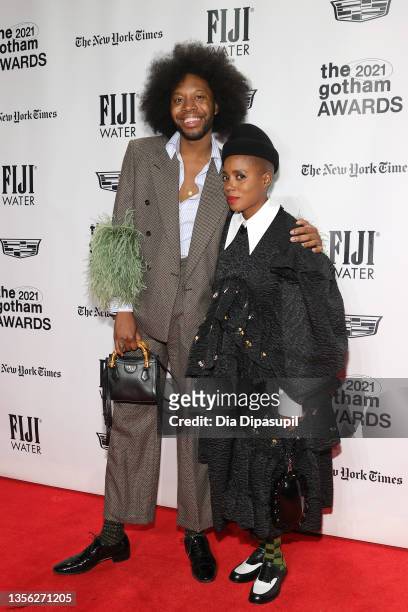Jeremy O. Harris and Janicza Bravo attend the 2021 Gotham Awards Presented By The Gotham Film & Media Institute at Cipriani Wall Street on November...
