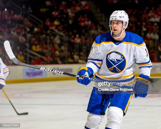 Mark Pysyk of the Buffalo Sabres follows the play against the Detroit Red Wings during an NHL game at Little Caesars Arena on November 27, 2021 in...