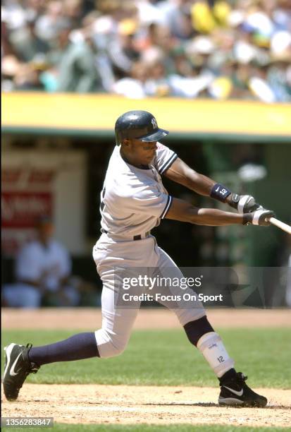 Alfonso Soriano of the New York Yankees bats against the Oakland Athletics during a Major League Baseball game May 11, 2003 at the Oakland-Alameda...