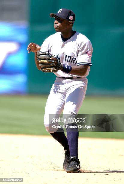 Alfonso Soriano of the New York Yankees in action against the Oakland Athletics during a Major League Baseball game May 11, 2003 at the...