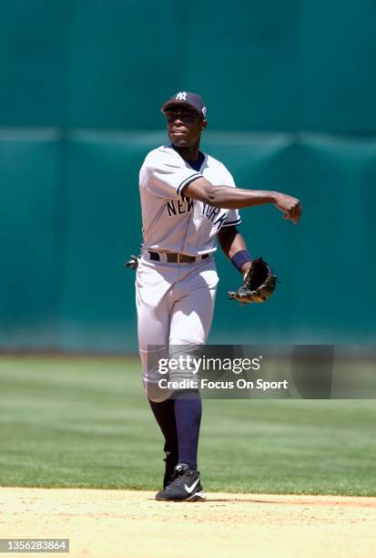 Alfonso Soriano of the New York Yankees in action against the Oakland Athletics during a Major League Baseball game May 11, 2003 at the...