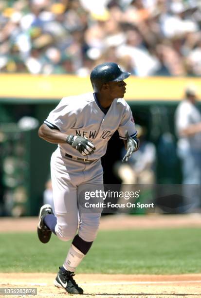 Alfonso Soriano of the New York Yankees bats against the Oakland Athletics during a Major League Baseball game May 11, 2003 at the Oakland-Alameda...