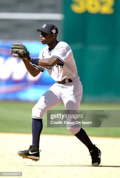 Alfonso Soriano of the New York Yankees in action against the Oakland Athletics during a Major League Baseball game May 11, 2003 at the...