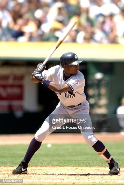 Alfonso Soriano of the New York Yankees bats against the Oakland Athletics during a Major League Baseball game August 3, 2003 at the Oakland-Alameda...