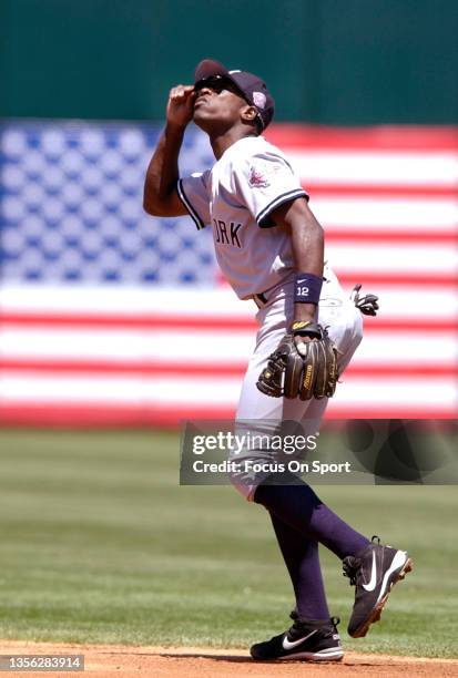 Alfonso Soriano of the New York Yankees in action against the Oakland Athletics during a Major League Baseball game May 11, 2003 at the...