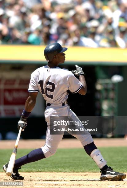 Alfonso Soriano of the New York Yankees bats against the Oakland Athletics during a Major League Baseball game May 11, 2003 at the Oakland-Alameda...