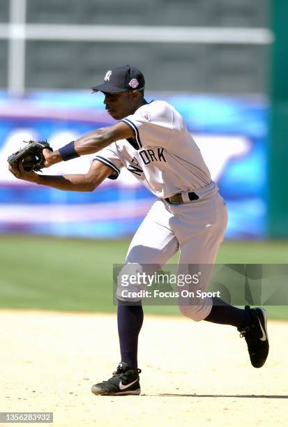 Alfonso Soriano of the New York Yankees in action against the Oakland Athletics during a Major League Baseball game May 11, 2003 at the...