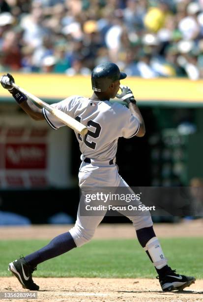 Alfonso Soriano of the New York Yankees bats against the Oakland Athletics during a Major League Baseball game May 11, 2003 at the Oakland-Alameda...