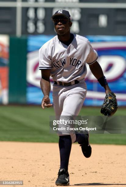 Alfonso Soriano of the New York Yankees in action against the Oakland Athletics during a Major League Baseball game May 11, 2003 at the...