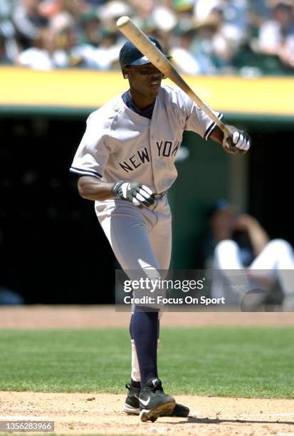 Alfonso Soriano of the New York Yankees bats against the Oakland Athletics during a Major League Baseball game May 11, 2003 at the Oakland-Alameda...