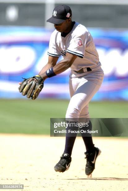 Alfonso Soriano of the New York Yankees in action against the Oakland Athletics during a Major League Baseball game May 11, 2003 at the...