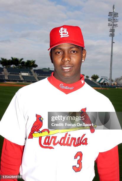 Édgar Rentería of the St. Louis Cardinals poses for this photo during Major League Baseball spring training circa 2001 at Roger Dean Stadium in...