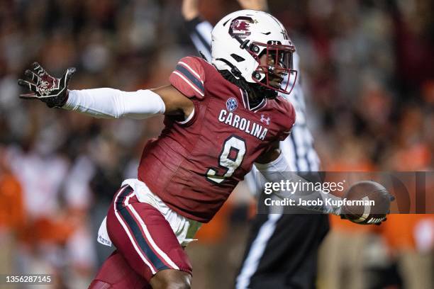 Defensive back Cam Smith of the South Carolina Gamecocks celebrates after making an interception against the Clemson Tigers during their game at...