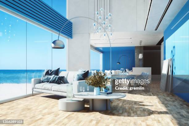 luxurious seaside villa interior - bright colour lounge stock pictures, royalty-free photos & images