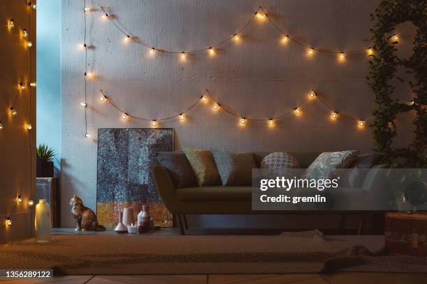 acogedor detalle de sala de estar con gato solitario - romantic fotografías e imágenes de stock