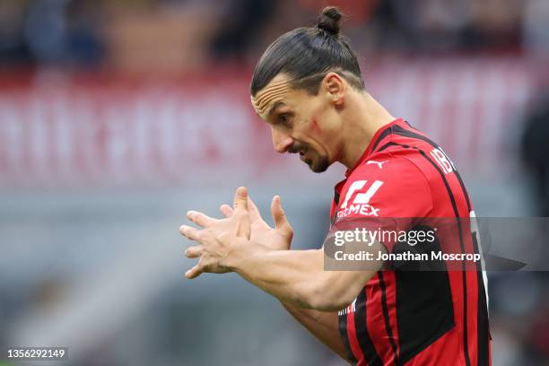 Zlatan Ibrahimovic of AC Milan reacts during the Serie A match between AC Milan and US Sassuolo at Stadio Giuseppe Meazza on November 28, 2021 in...