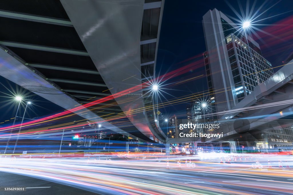 Busy Junction Light Trails In Tokyo