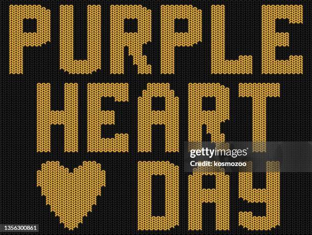 purple heart day inscription knitted on a black background gold yarn - embroidery heart stock illustrations