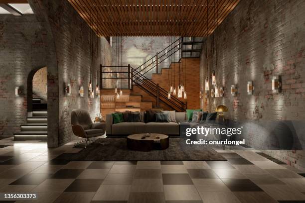 industrial style living room with armchair, corner sofa, brick wall and pendant lights - cosy background stock pictures, royalty-free photos & images