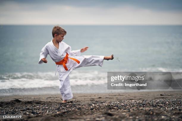 little boy practicing karate on the beach - karate belt stock pictures, royalty-free photos & images