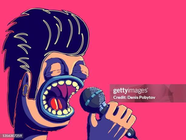 stockillustraties, clipart, cartoons en iconen met hand-drawn cartoon retro character banner illustration - singing man with trendy hairstyle. - rock'n roll