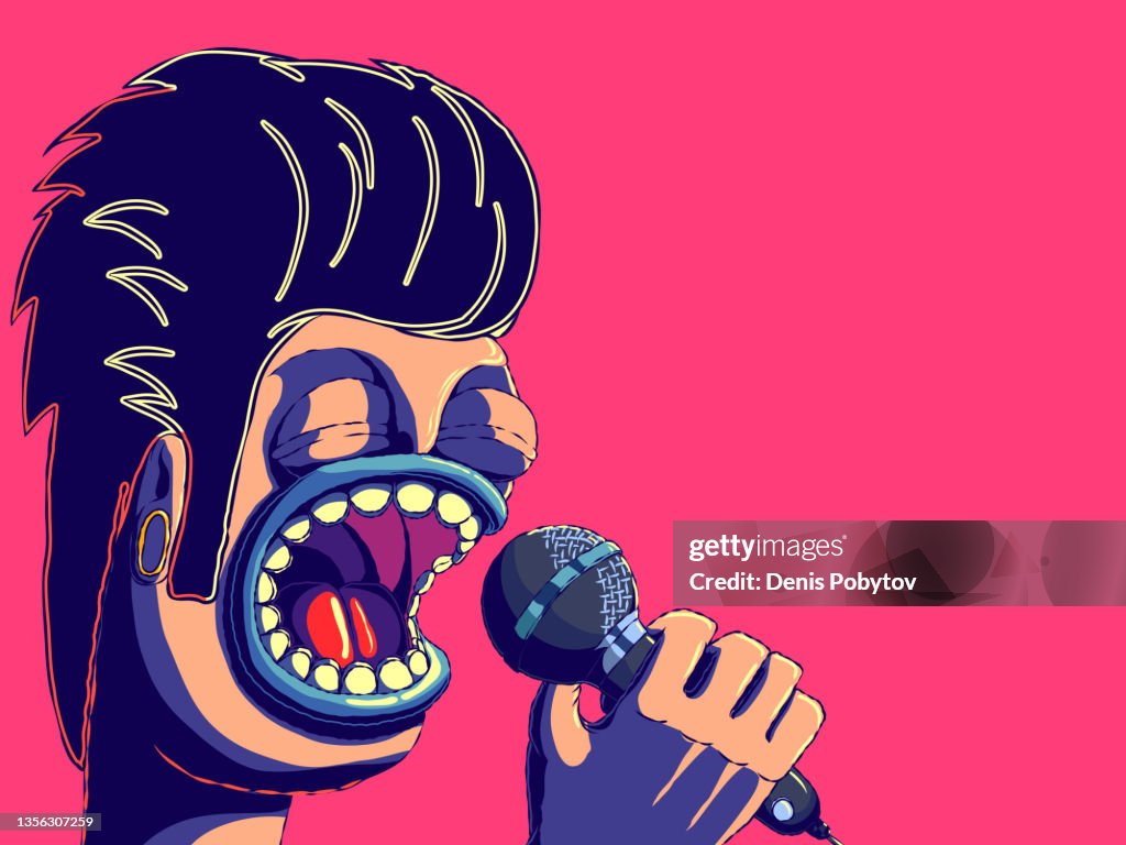 Hand-drawn cartoon retro character banner illustration - Singing man with trendy hairstyle.