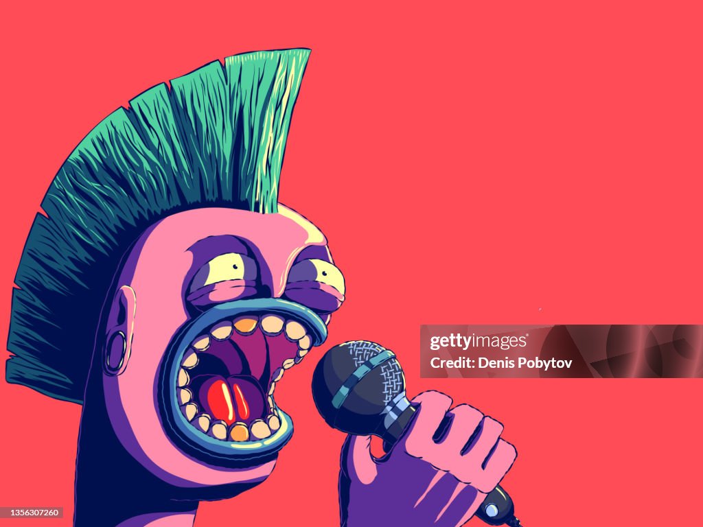 Illustration de bannière de personnage rétro de dessin animé dessinée à la main - Singing Punk.