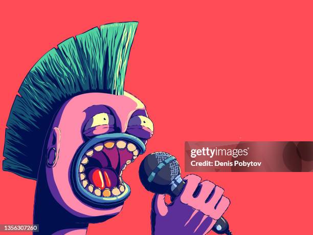 hand-drawn cartoon retro character banner illustration - singing punk. - new wave stock illustrations