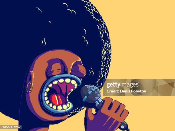 手描きの漫画レトロキャラクターバナーイラスト - トレンディな髪型を持つ歌う男。 - afro点のイラスト素材／クリップアート素材／マンガ素材／アイコン素材