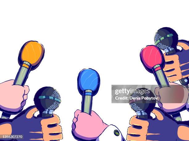 hand-drawn cartoon illustration banner - stretching hands with microphones. - journalist 幅插畫檔、美工圖案、卡通及圖標