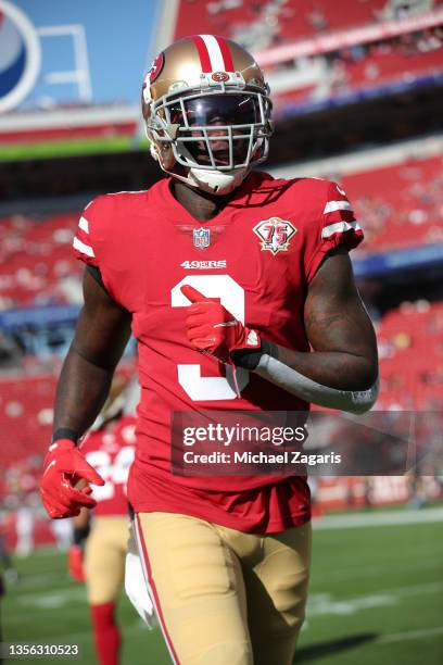 Jaquiski Tartt of the San Francisco 49ers on the field before the game against the Minnesota Vikings at Levi's Stadium on November 28, 2021 in Santa...