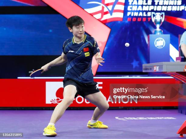 Sun Yingsha of China competes against Wang Manyu of China during the women's singles finals match on day seven of the 2021 ITTF World Table Tennis...