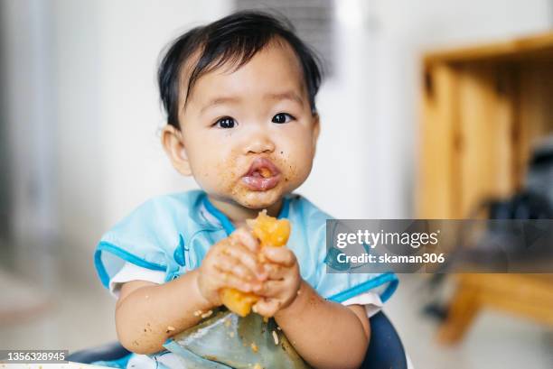 asian baby happy eating grab and bite and  blw ( baby led weaning) - hot dirty girl stock pictures, royalty-free photos & images