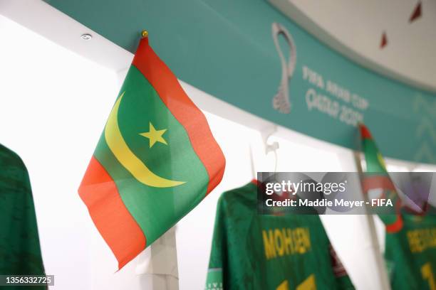 Flag is seen in the Mauritania dressing room prior to the FIFA Arab Cup Qatar 2021 Group B match between Tunisia v Mauritania at Ahmad Bin Ali...