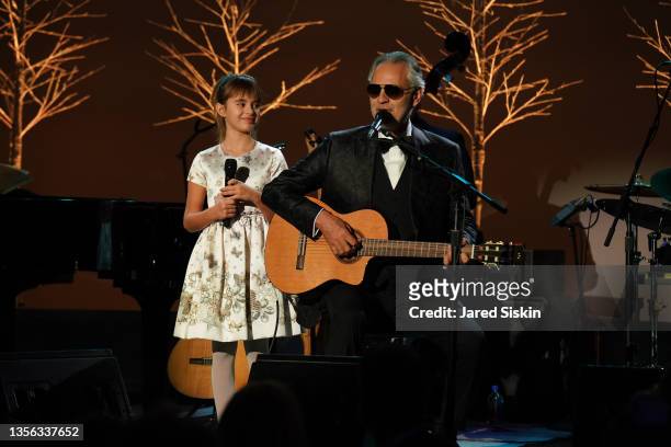 Virginia Bocelli and Andrea Bocelli perform together at Prostate Cancer Research Foundation's 25th New York Dinner at The Plaza on November 29, 2021...
