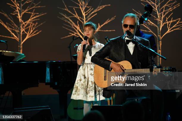 Virginia Bocelli and Andrea Bocelli perform together at Prostate Cancer Research Foundation's 25th New York Dinner at The Plaza on November 29, 2021...