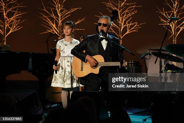 Virginia Bocelli and Andrea Bocelli perform together at Prostate Cancer Research Foundation's 25th New York Dinner at The Plaza on November 29, 2021...