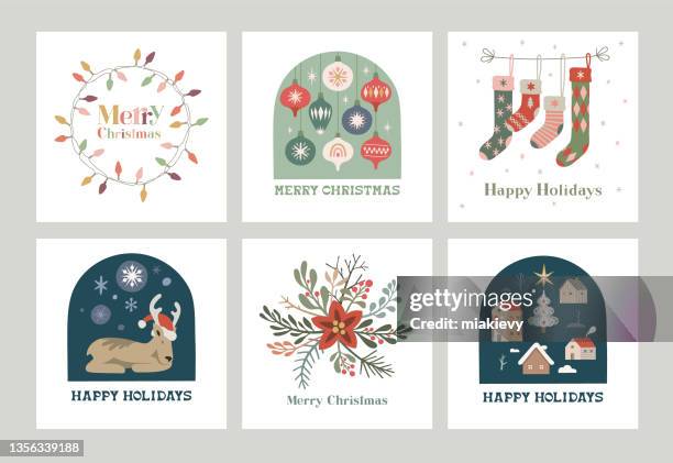 illustrations, cliparts, dessins animés et icônes de ensemble de cartes joyeux noël - cute stockings