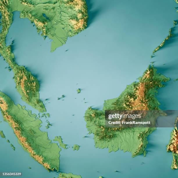 malaysia 3d render topographic map color - malaysia map stock pictures, royalty-free photos & images