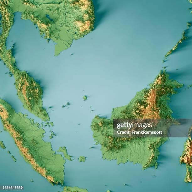 malaysia 3d render topographic map color - south china sea island stock pictures, royalty-free photos & images