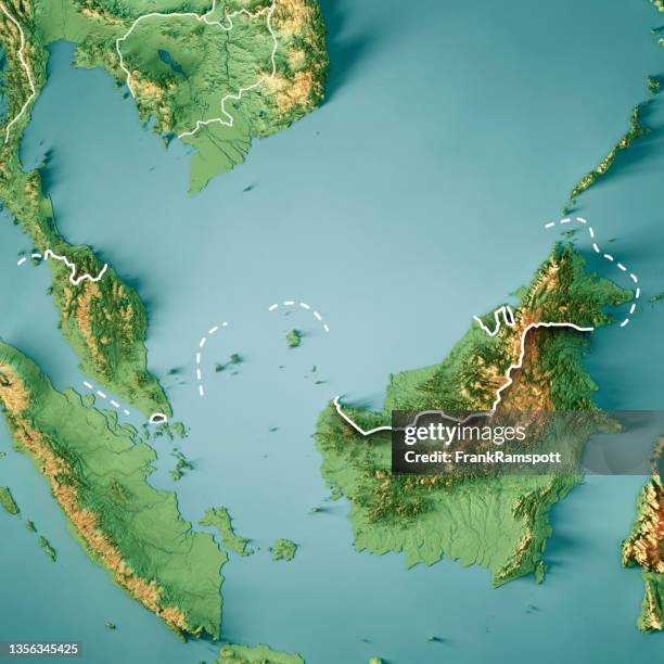 malaysia 3d render topographic map color border - malaysia map stock pictures, royalty-free photos & images
