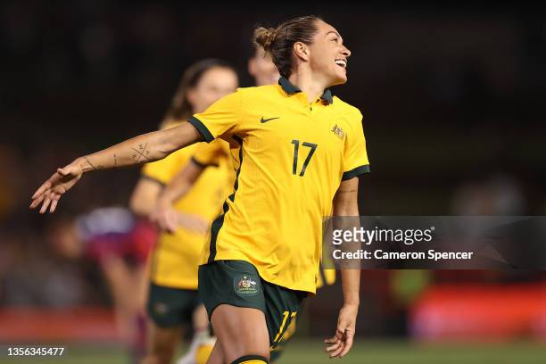 Kyah Simon of the Matildas celebrates scoring her team's only goal during game two of the International Friendly series between the Australia...
