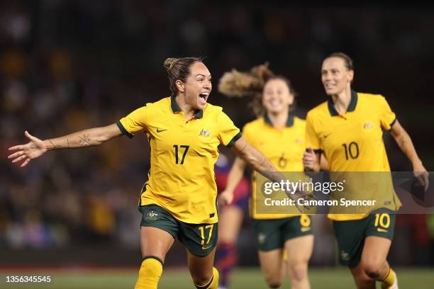 Kyah Simon of the Matildas celebrates scoring her team's only goal during game two of the International Friendly series between the Australia...