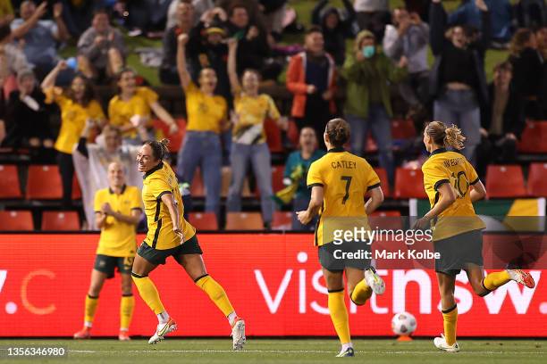 Kyah Simon of the Matildas celebrates scoring her team's only goal during game two of the International Friendly series between the Australia...
